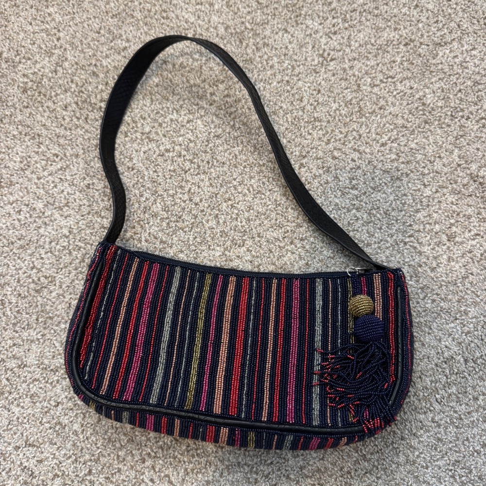 Roller Rabbit Beaded Baguette Bag Striped Tassel Small Shoulder Purse Navy Red